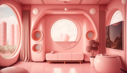 Sticker - Minimalist pink living room with rounded windows and a TV.