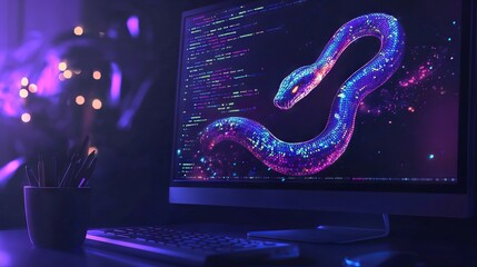 Wall Mural - a computer screen displaying python code with a digital snake, symbolizing python programming for da