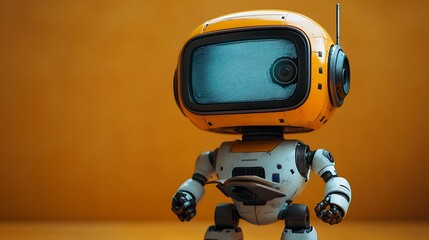 Wall Mural - A yellow and white robot with a television screen for a head stands against an orange background.