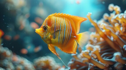 Yellow and Blue Fish in a Coral Reef.