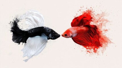 Aufkleber - Black and Red Siamese Fighting Fish Watercolor.