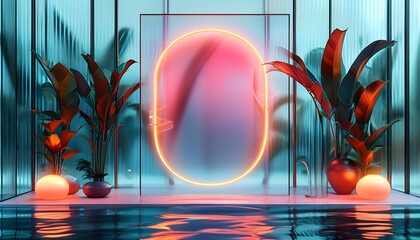 Wall Mural - Minimalist Showcase Banner with Wavy Glass Wall and Water, Enhanced by Neon Light Effects for Product Promotion