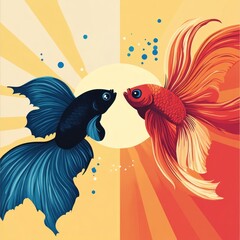 Wall Mural - Blue and Orange Betta Fish Facing Each Other.