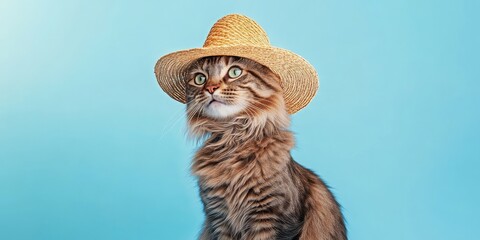 Tabby Cat in a Straw Hat Looking to the Side - Fun Pet Portrait for Animal Enthusiasts