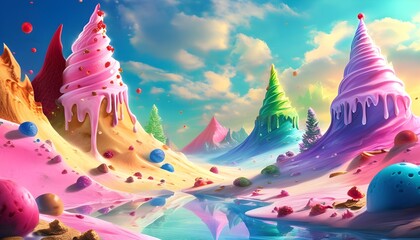 Wall Mural - Whimsical Dreamscape of Vivid Ice Cream Delights and Enchanting Elements