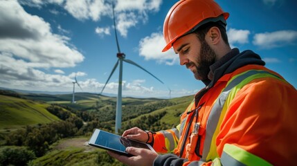 Renewable energy engineer working on a wind turbine maintenance project in a remote landscape, 