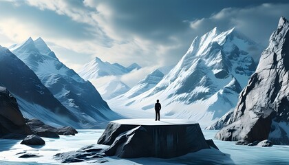 Wall Mural - Innovative product displayed on icy podium against breathtaking mountainous backdrop