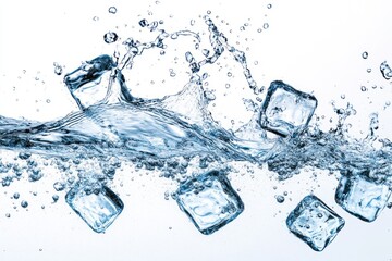 Splash in ice water with frozen cubes on solid white background, single object