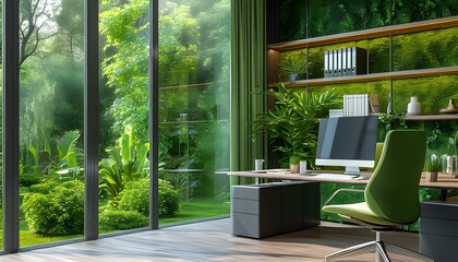 Canvas Print - Vibrant green-themed modern office with ergonomic setup overlooking lush garden, blending nature-inspired elements with contemporary design