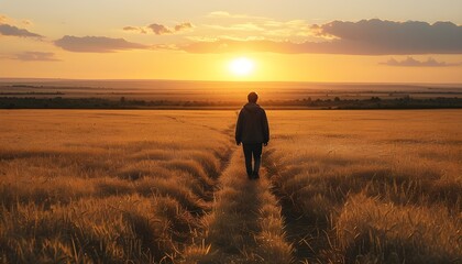 Contemplative Journey Through Golden Fields at Sunset, Embracing Natures Simplicity and Tranquility