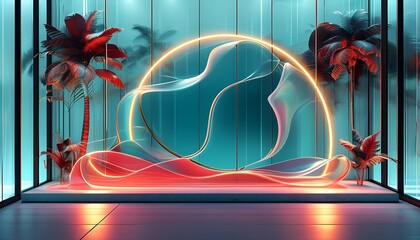 Poster - Minimalist Showcase Banner with Wavy Glass Wall and Water, Enhanced by Neon Light Effects for Product Promotion