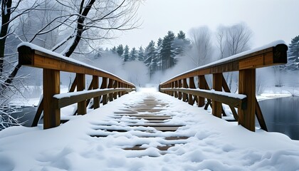 Wall Mural - Serene snowy landscape featuring a rustic wooden bridge on a tranquil winter day