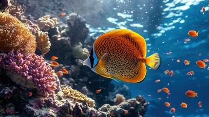 Wall Mural - Colorful Fish Swimming Near Coral Reef.