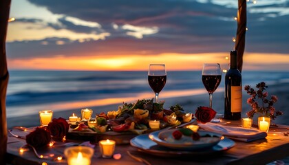 Intimate sunset beach dinner for two, surrounded by love, featuring exquisite cuisine and rose wine under a romantic summer sky.