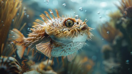 Wall Mural - Spiny Pufferfish Swimming Underwater.