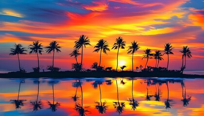 Wall Mural - Vibrant tropical sunset with silhouetted palm trees against a colorful sky, evoking feelings of vacation and exotic travel adventures