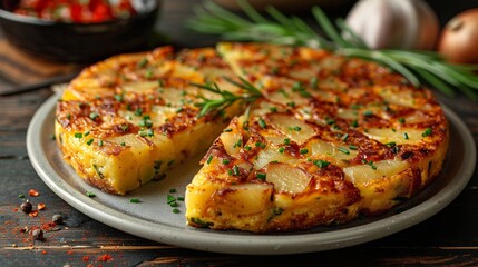 Wall Mural - Spanish tortilla de patatas a thick omelette made with potatoes and onions sliced and served on a white plate