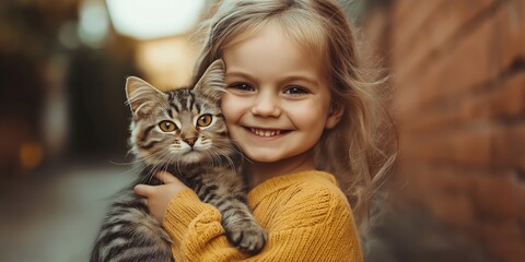 A young girl is holding a cat and smiling. Scene is happy and playful