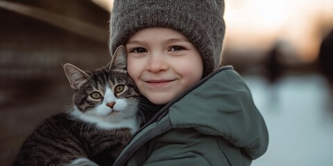 Wall Mural - A young boy is holding a cat and wearing a hat. The boy is smiling and he is happy