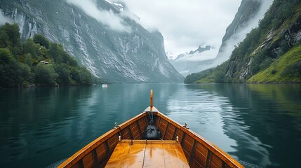 Wall Mural - Stunning view of a Norwegian fjord with towering mountains on either side and a small boat sailing through calm crystalclear waters