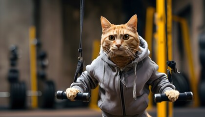 Wall Mural - Fit feline athlete engaging in strength training exercises in a vibrant gym setting