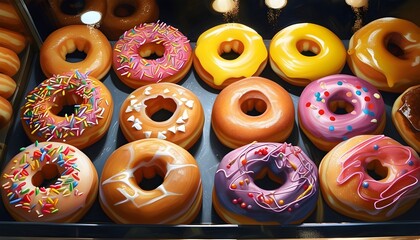 Wall Mural - Tempting display of assorted freshly baked donuts with vibrant icing in bakery window, inviting indulgence and culinary delight for passersby.