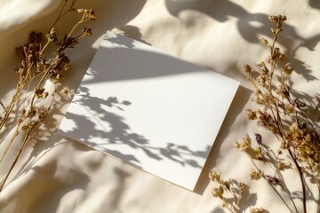 Wall Mural - minimalist mockup of blank white paper card on beige background with shadows, surrounded by dried flowers 