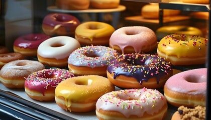 Wall Mural - Tempting display of assorted freshly baked donuts with vibrant icing in bakery window, inviting indulgence and culinary delight for passersby.