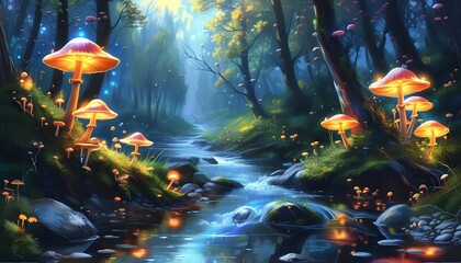 Wall Mural - Magical forest with glowing mushrooms and a serene river in a fantastical setting