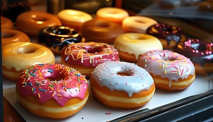 Wall Mural - Tempting display of assorted freshly baked donuts with vibrant icing in bakery window, inviting indulgence and culinary delight for passersby.