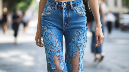 Girl in stylish jeans with lace on a city street.