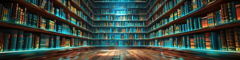 Inside a computer, a digital library with soft, wooden bookshelves filled with glowing, blue and green books.