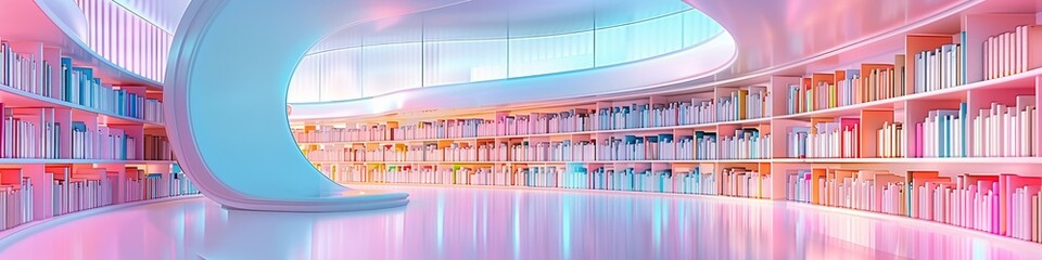 Wall Mural - Inside a computer, a digital library housing a vast collection of books, illustrated in soft pastel colors like light pink, lavender, and sky blue. 