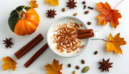 Artisan pumpkin spice latte with cinnamon sticks and autumn leaves on a crisp white backdrop