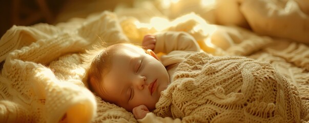 Wall Mural - A peaceful newborn baby sleeps soundly, wrapped in soft blankets, bathed in gentle morning light. Free copy space for banner.