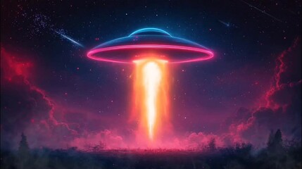 Wall Mural - UFO Hovering in Sci-Fi Themed Environment. Seamless looping time-lapse 4k video animation background