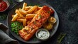 © Premium Resource - Traditional British fish and chips plate with crispy battered fish thickcut fries and a side of tartar sauce and mushy peas
