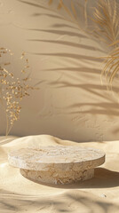 Background for cosmetic products of natural beige color. Stone podium on the sand