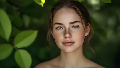 Wall Mural - Natural beauty of a young woman with freckles embracing skin positivity amidst lush green foliage in a tranquil outdoor setting