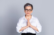 © deagreez - Photo of classy aged corporate woman arms pray empty space wear shirt isolated on grey color background