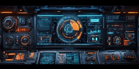Futuristic control panel with glowing orange and blue digital displays, gauges and buttons.