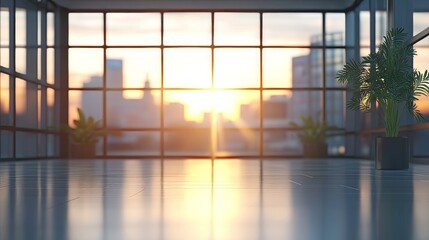 Wall Mural - Blurred background of a modern office, highlighting the panoramic windows that offer stunning views of the city, creating a dynamic and inspiring workspace