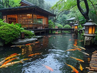 Canvas Print - Tranquil Japanese tea garden with koi ponds stone lanterns and a traditional tea house surrounded by lush greenery