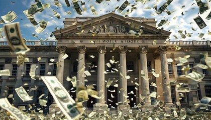 Wall Mural - Dollar bills cascading from the sky before a magnificent neoclassical building