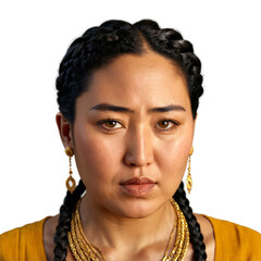 Middle aged Central Asian woman with braided hair and gold necklace attractive face piercing eyes. Essence of diverse femininity.