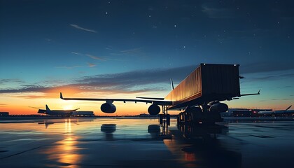 Wall Mural - Evening cargo loading at an airport with tranquil skies and airplane preparation