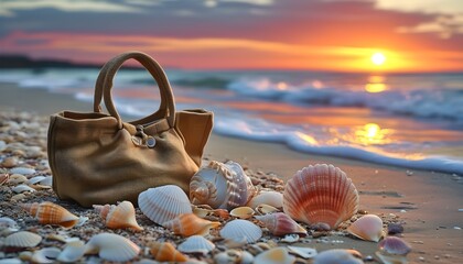 Sticker - Seashells and beach bag scattered on the shore at sunset, capturing the essence of coastal beauty and tranquility