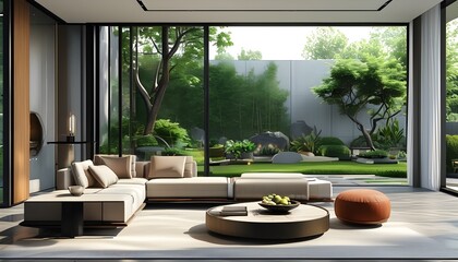 Wall Mural - contemporary living room featuring expansive garden views