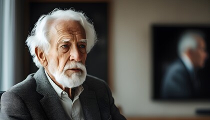 Wall Mural - Thoughtful elderly man with white hair and beard engaged in serious conversation in contemporary setting