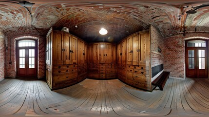 Wall Mural - 360 panorama view in small locker room and wardrobe with drawers in loft style with red brick walls in full seamless spherical equirectangular projection, ready for VR AR virtual reality